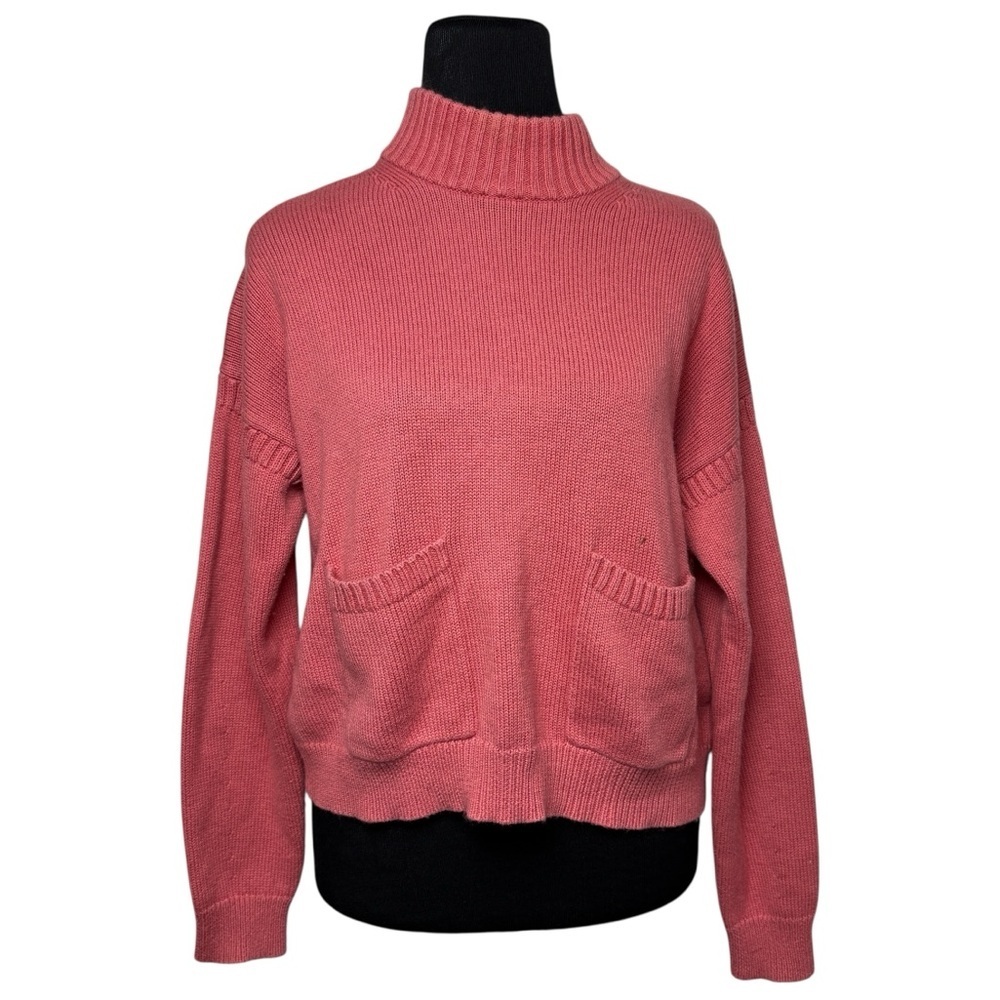 J Crew Cotton Cashmere Patch Pocket Knit Mock Turtleneck SZS Rose Pink Pockets